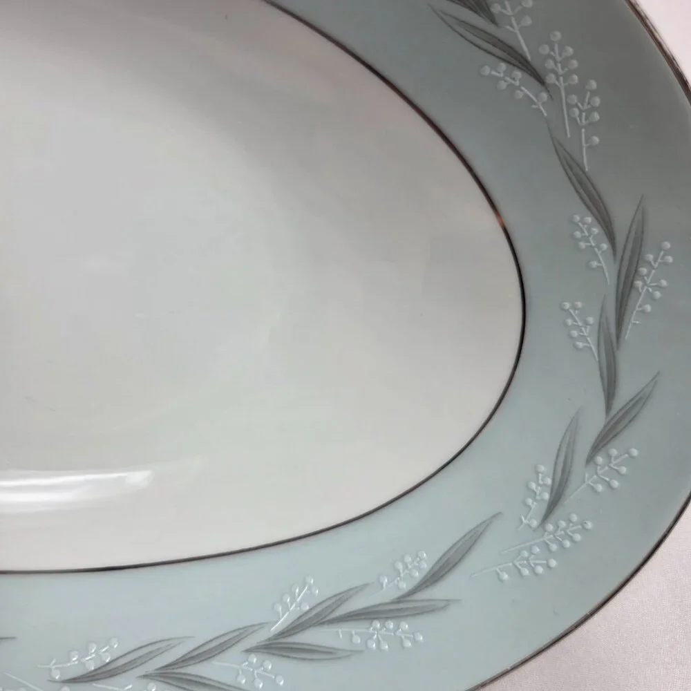 Noritake Sheldon Serving Bowl 10 Inch White with Aqua Band and White Flowers